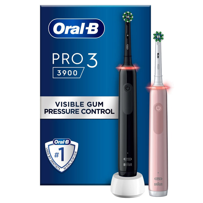 Oral-B Pro 3 3900 Paquete de dúo negro y rosa de 2 cepillos de dientes eléctricos
