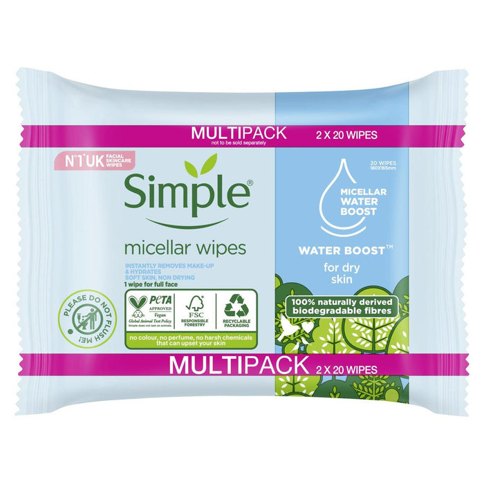 Toallitas de limpieza biodegradables micelares simples de tipo a piel 2 x 20 por paquete