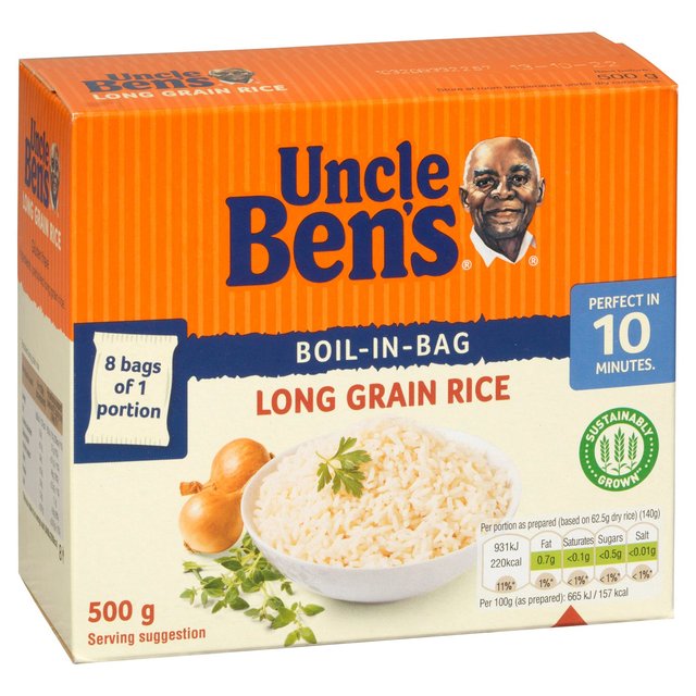 Tío Bens Long Grain Arroz hervir en la bolsa 8 x 62.5g