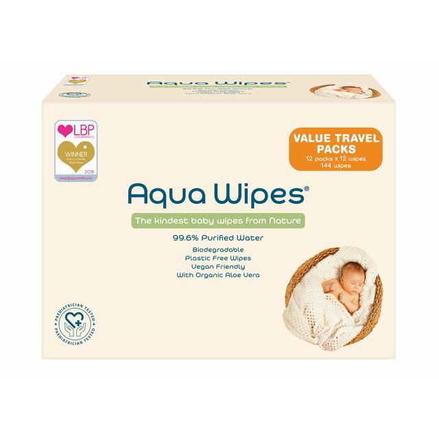 Aqua -Wischtücher 100% biologisch abbaubare Babytücher Reise Multipack 12 x 12 pro Pack