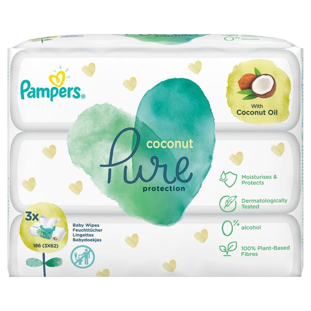 Pampers Coconut Pure Baby Wipes 3 x 62 por paquete