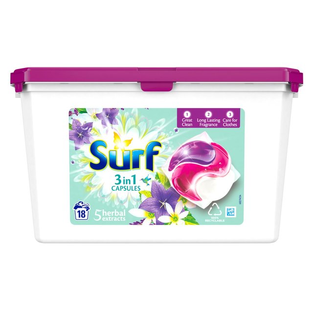 Surf 3 en 1 5 extractos de hierbas cápsulas de lavado 18 por paquete