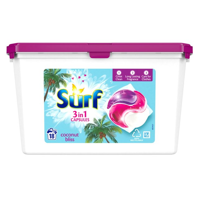Surf 3-en-1 capsules de lavage de coco 18 par paquet