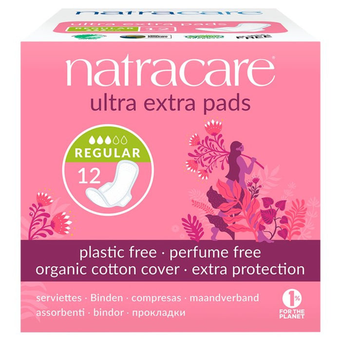 Natracare Bio -Baumwoll -Ultra extra normale Pads mit Flügeln 12 pro Pack