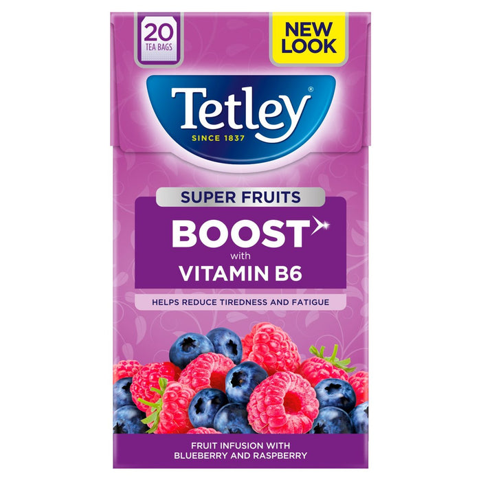 Tetley Super Fruit Tea Tea Boost Bolsas de té de arándanos y frambuesa 20 por paquete