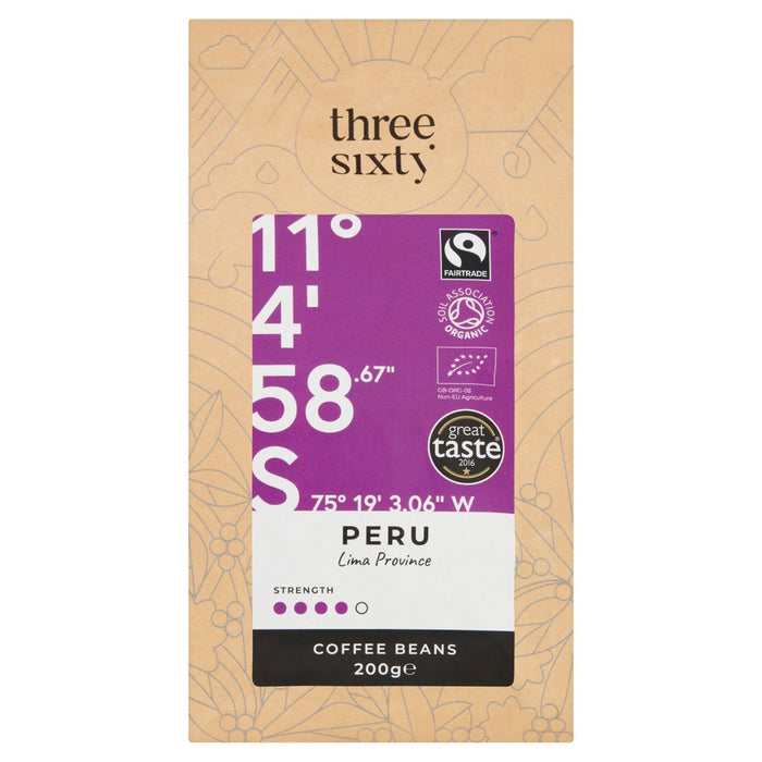 ThreeSixty Fairtrade Organic Peru Lima Province Coffee Beans 200g