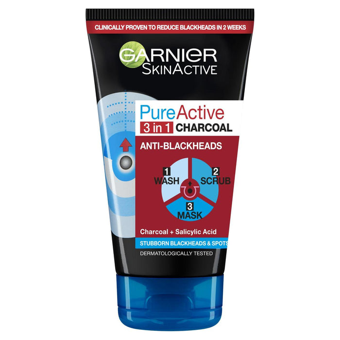 Garnier Pure Active 3in1 Holzkohle Blackhead Face Maske Scrub & Wäsche 150 ml