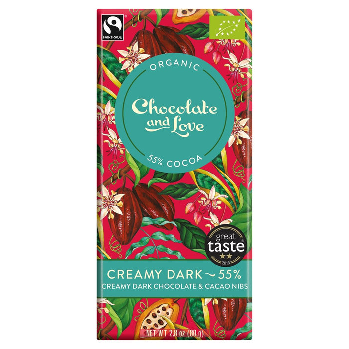 Chocolate y amor Fairtrade orgánico cremoso 55% de chocolate negro 80g