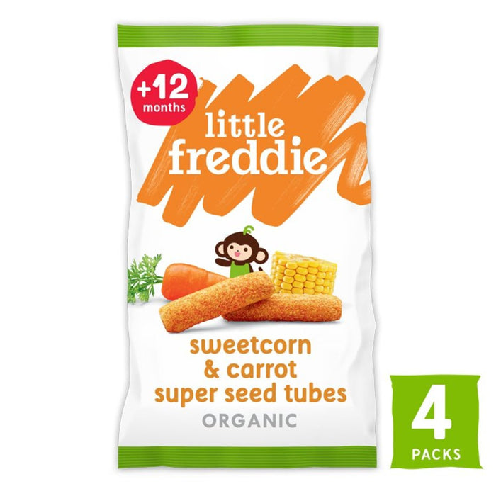 Little Freddie Sweetcorn & Zanahoria Tubos orgánicos 12 MTS+ Multipack 4 x 16g