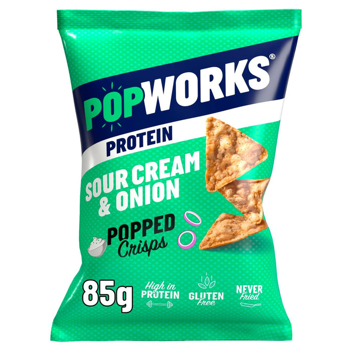 Pop Works Protein Sour Crema y cebolla compartiendo patatas fritas 85G