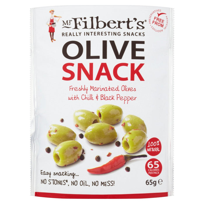 Mr Filberts Olive Snacks se enfrentan a los aceitunas verdes con chile y blackpepper 65g