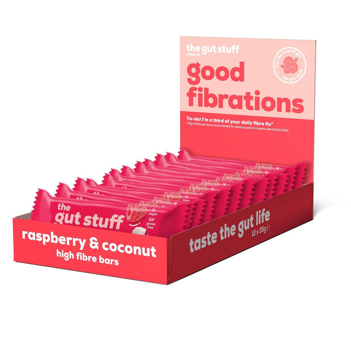 The Gut Stuff Good Fibrations Raspberry & Coconut High Fibre Box of Bars 12 x 35g