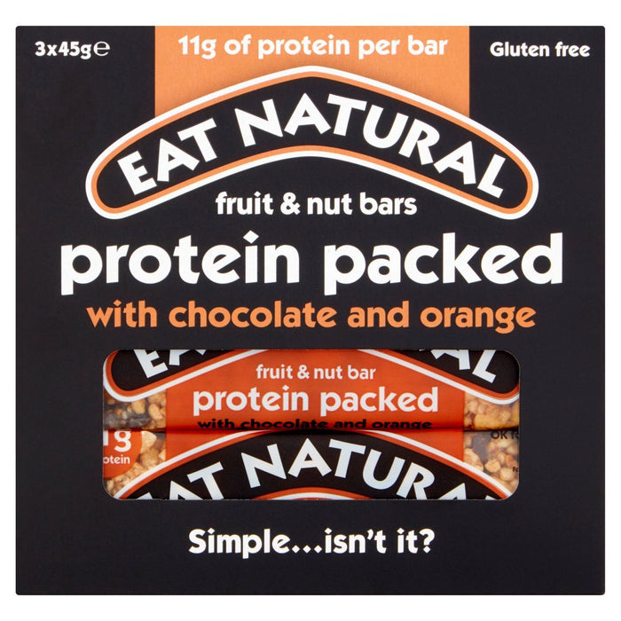 Essen Sie natürliche proteingepackte Schokoladen- und Orangenbalken 3 x 45 g