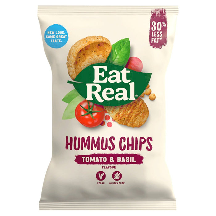 Essen Sie echte Tomaten- und Basilikum -Hummus -Chips Einzelbeutel 25g